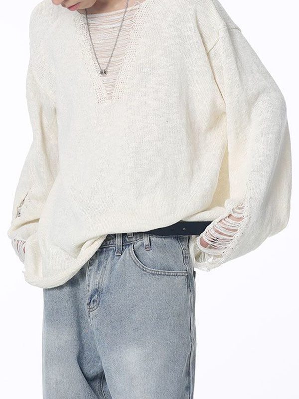 Suéter con diseño rasgado de color liso para hombre-2