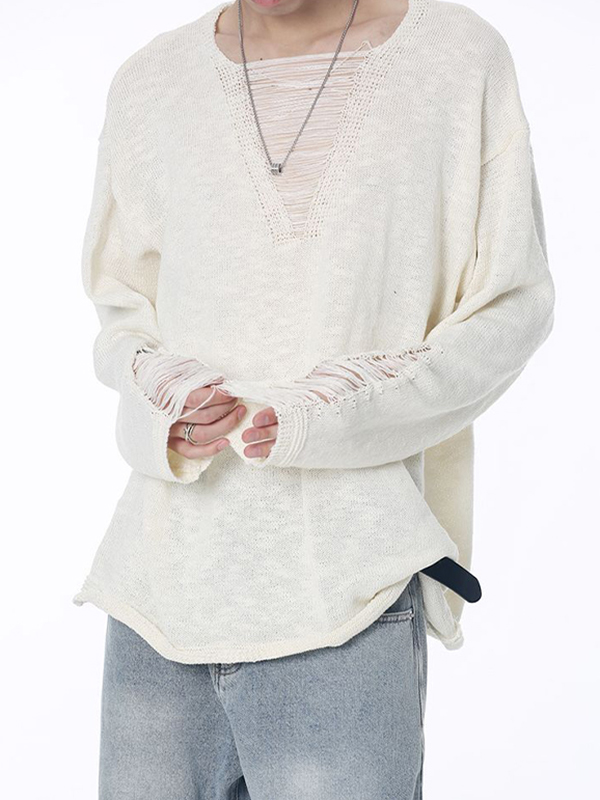 Suéter con diseño rasgado de color liso para hombre-3