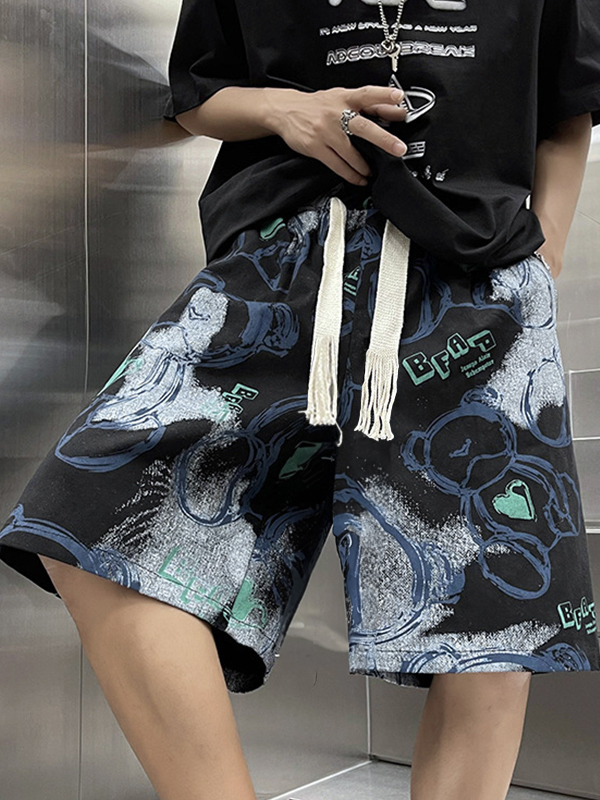 pantalones cortos con cordón y estampado de oso de dibujos animados irregulares para hombre-3