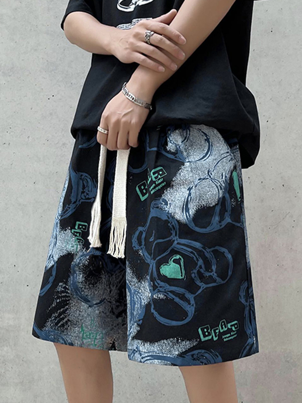 pantalones cortos con cordón y estampado de oso de dibujos animados irregulares para hombre-1